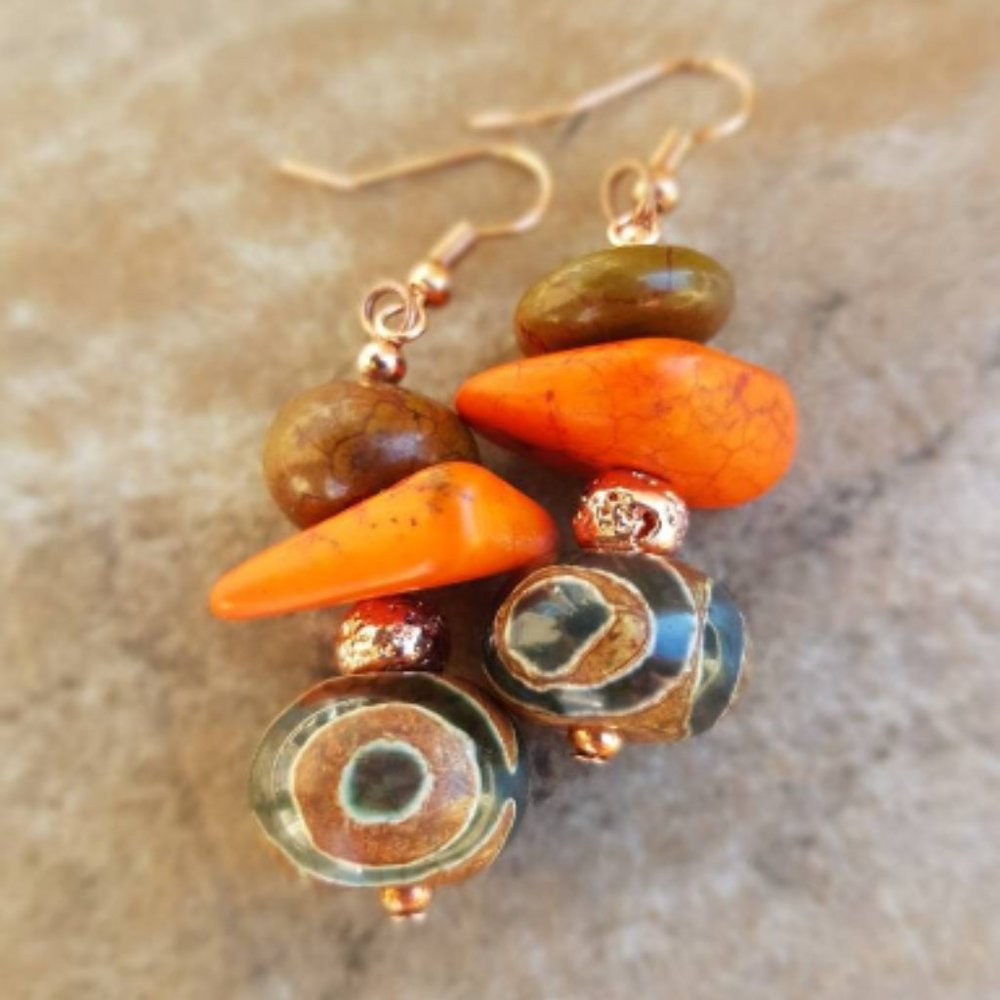 Tribal eyed agate, turquoise howlite and pyrite Earrings